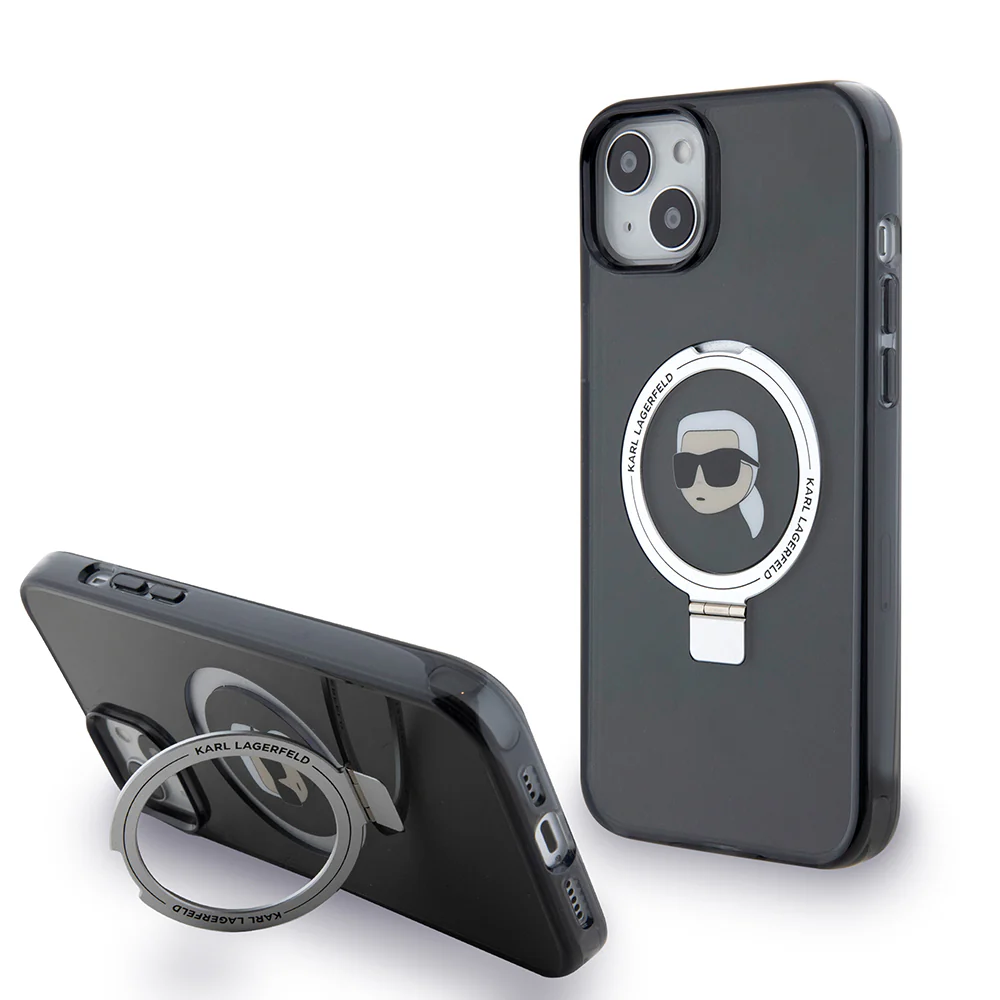 MagSafe Case for Apple iPhone 15 Plus, Karl Lagerfeld, Ring Stand Karl's Head, Black