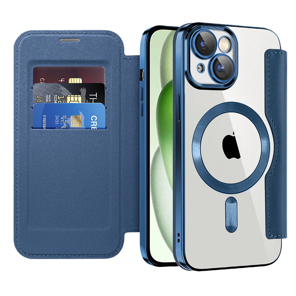 MagSafe Case for Apple iPhone 15 Plus, Techsuit, SmartMag Book, Blue