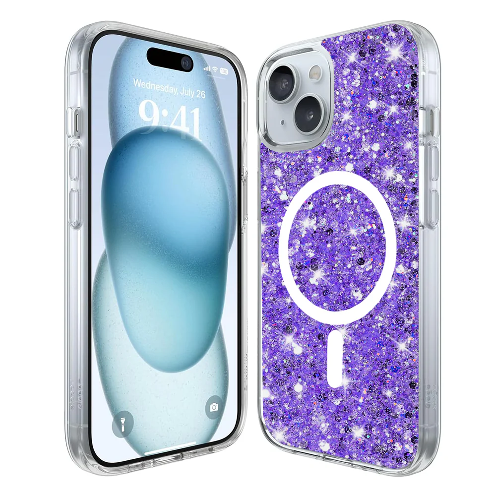MagSafe Case for Apple iPhone 15 Plus, Techsuit, Sparkly Glitter, Purple