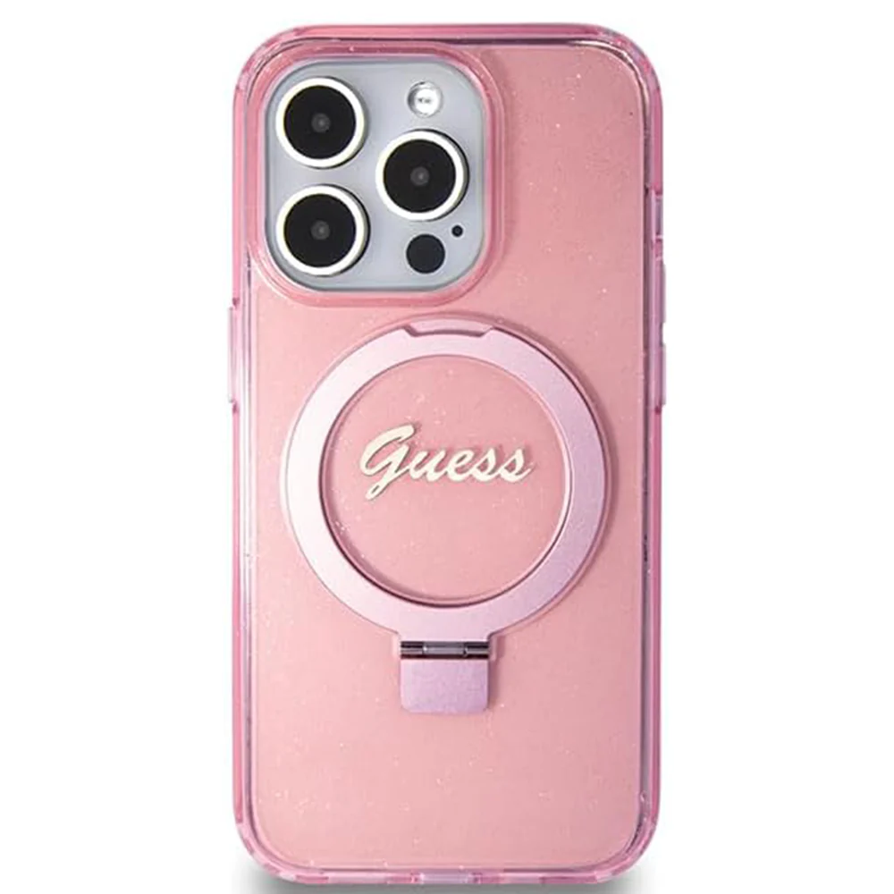 MagSafe Case for Apple iPhone 15 Pro, Guess, IML Ring Stand Glitter, Pink - Image 3