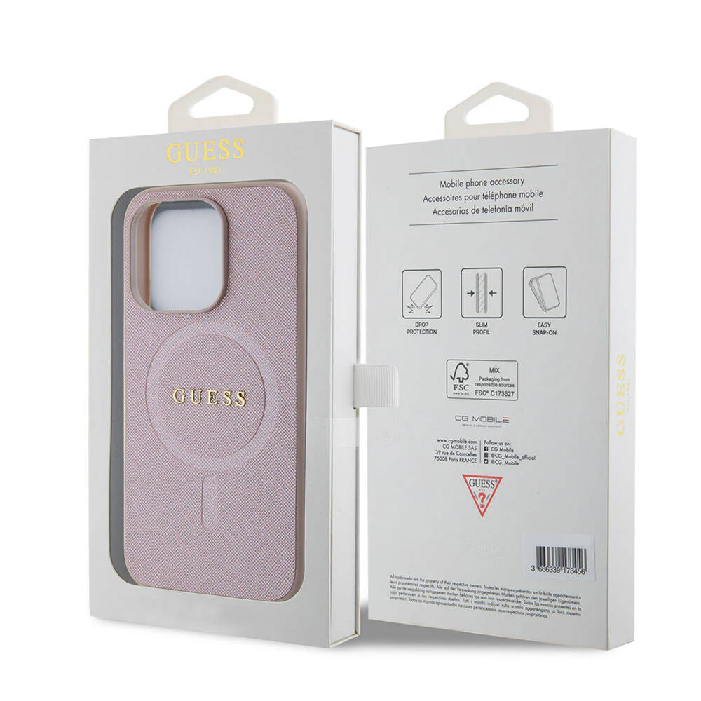 MagSafe Case for Apple iPhone 15 Pro, Guess, Saffiano, Pink - Image 6