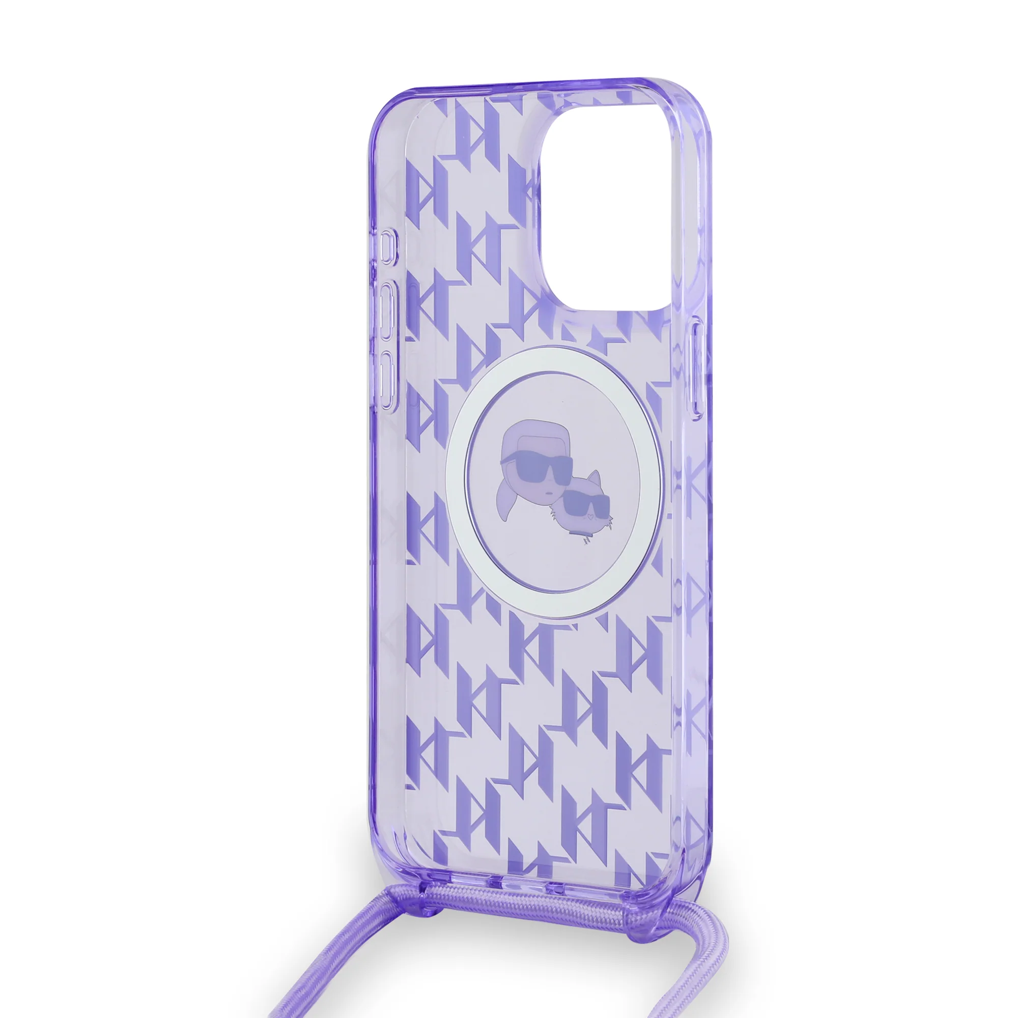 MagSafe Case for Apple iPhone 15 Pro, Karl Lagerfeld, IML Crossbody Monogram Karl & Choupette's Heads, Purple - Image 6