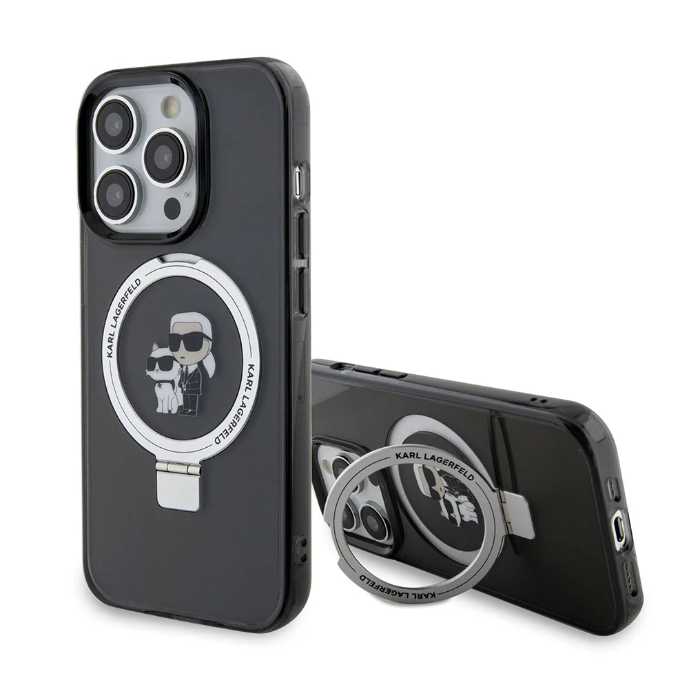 MagSafe Case for Apple iPhone 15 Pro, Karl Lagerfeld, Ring Stand Karl & Choupette, Black