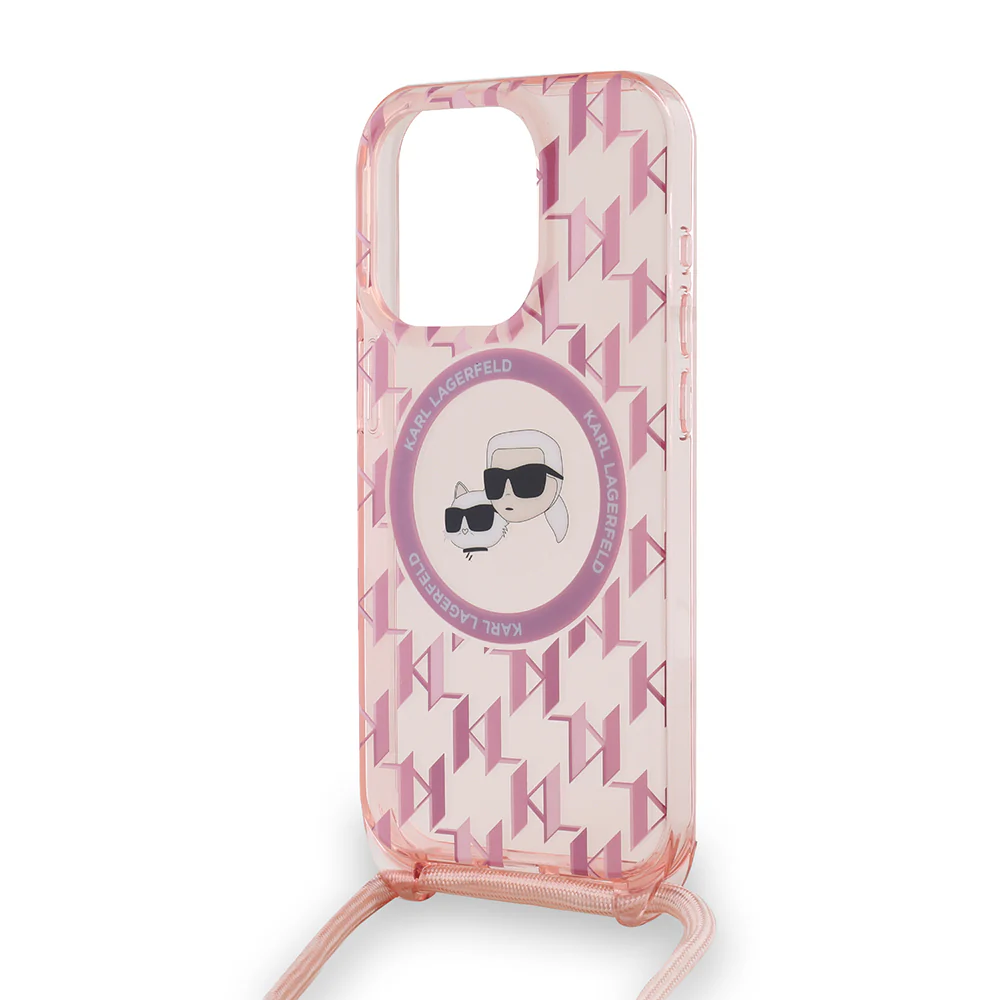 MagSafe Case for Apple iPhone 15 Pro Max, Karl Lagerfeld, IML Crossbody Monogram Karl & Choupette's Heads, Pink - Image 3