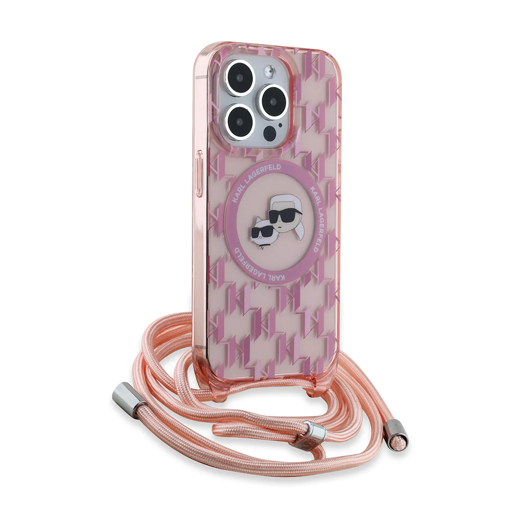 MagSafe Case for Apple iPhone 15 Pro Max, Karl Lagerfeld, IML Crossbody Monogram Karl & Choupette's Heads, Pink - Image 4