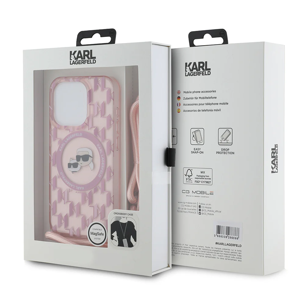 MagSafe Case for Apple iPhone 15 Pro Max, Karl Lagerfeld, IML Crossbody Monogram Karl & Choupette's Heads, Pink - Image 6