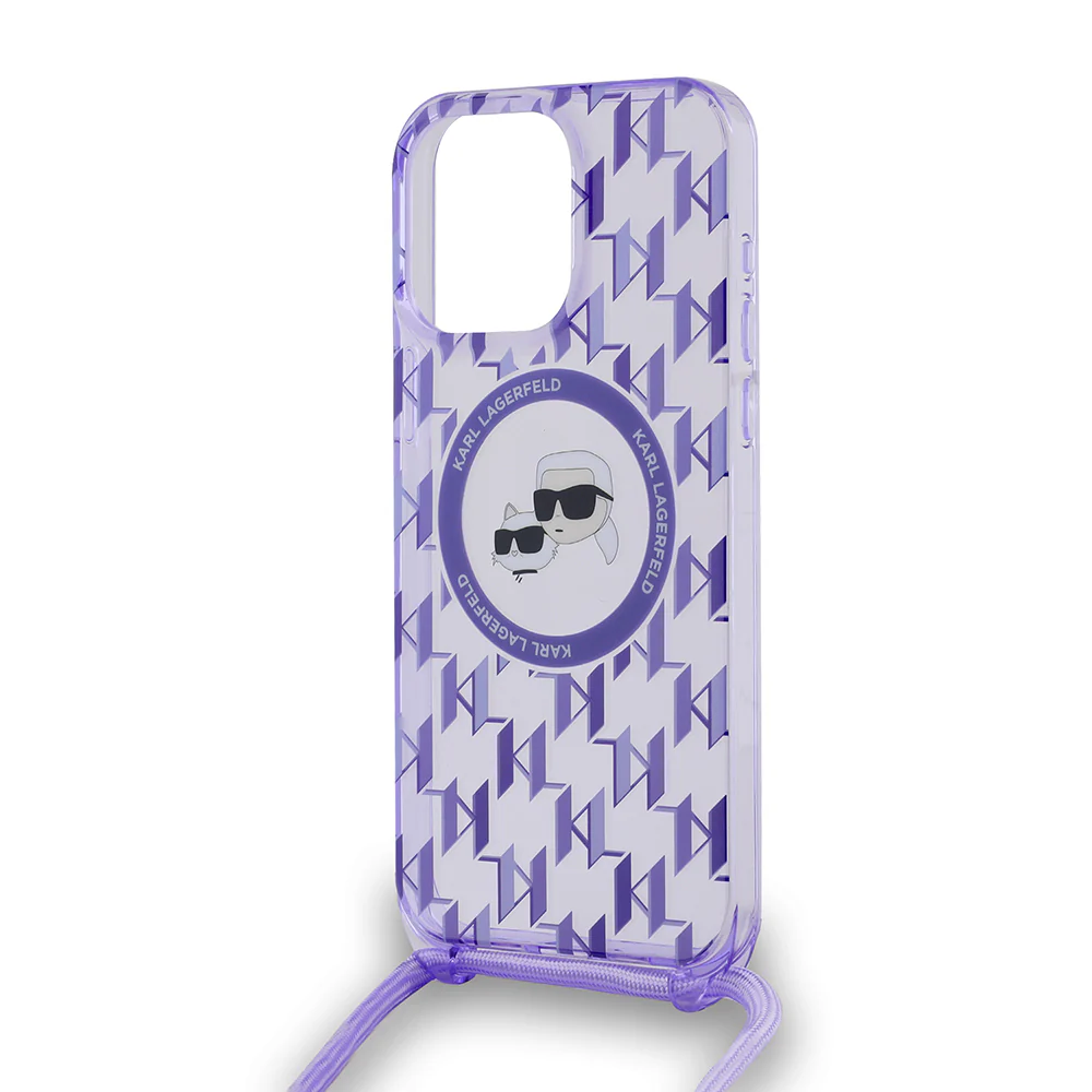 MagSafe Case for Apple iPhone 15 Pro Max, Karl Lagerfeld, IML Crossbody Monogram Karl & Choupette's Heads, Purple - Image 3