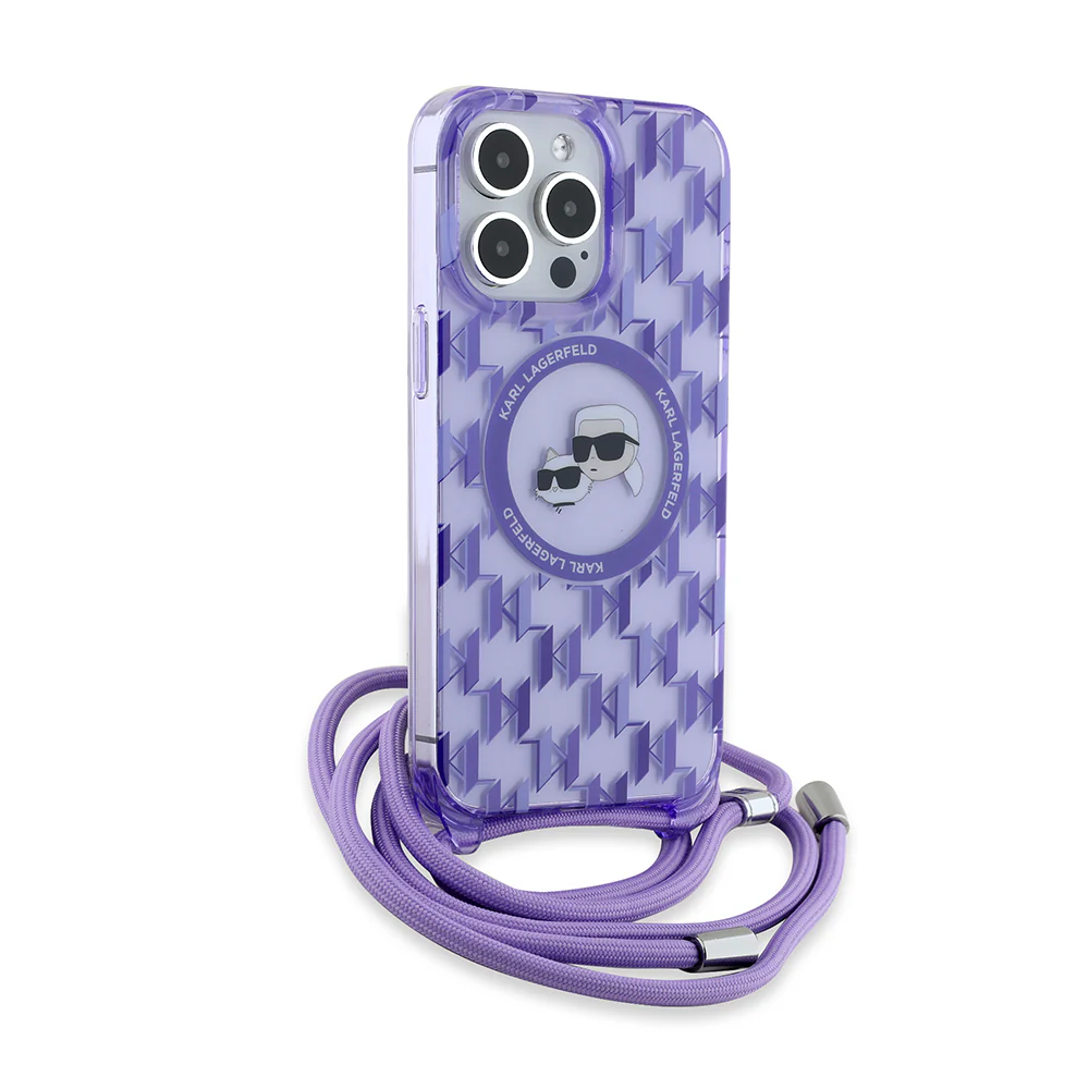MagSafe Case for Apple iPhone 15 Pro Max, Karl Lagerfeld, IML Crossbody Monogram Karl & Choupette's Heads, Purple - Image 4