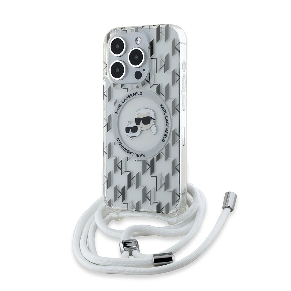 MagSafe Case for Apple iPhone 15 Pro Max, Karl Lagerfeld, IML Crossbody Monogram Karl & Choupette's Heads, Transparent