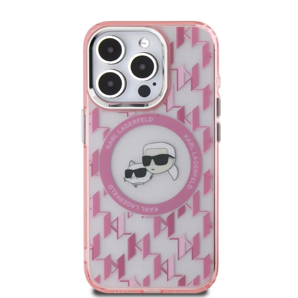 MagSafe Case for Apple iPhone 15 Pro Max, Karl Lagerfeld, IML Monogram Karl & Choupette's Heads, Pink - Image 3