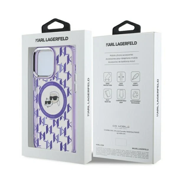 MagSafe Case for Apple iPhone 15 Pro Max, Karl Lagerfeld, IML Monogram Karl & Choupette's Heads, Purple - Image 5