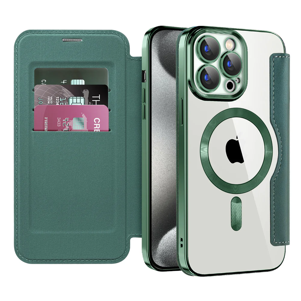 MagSafe Case for Apple iPhone 15 Pro, Techsuit, SmartMag Book, Green