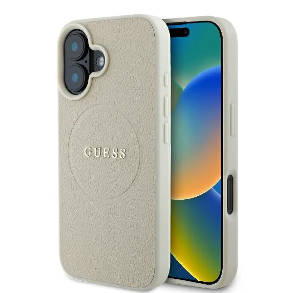 MagSafe Case for Apple iPhone 16, Guess, Grained Gold Ring, Beige