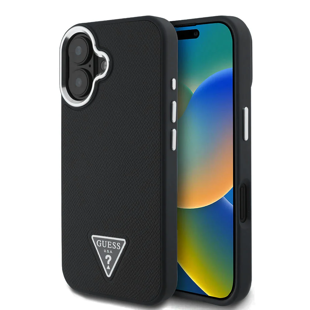 MagSafe Case for Apple iPhone 16, Guess, Grained Triangle Logo, Black