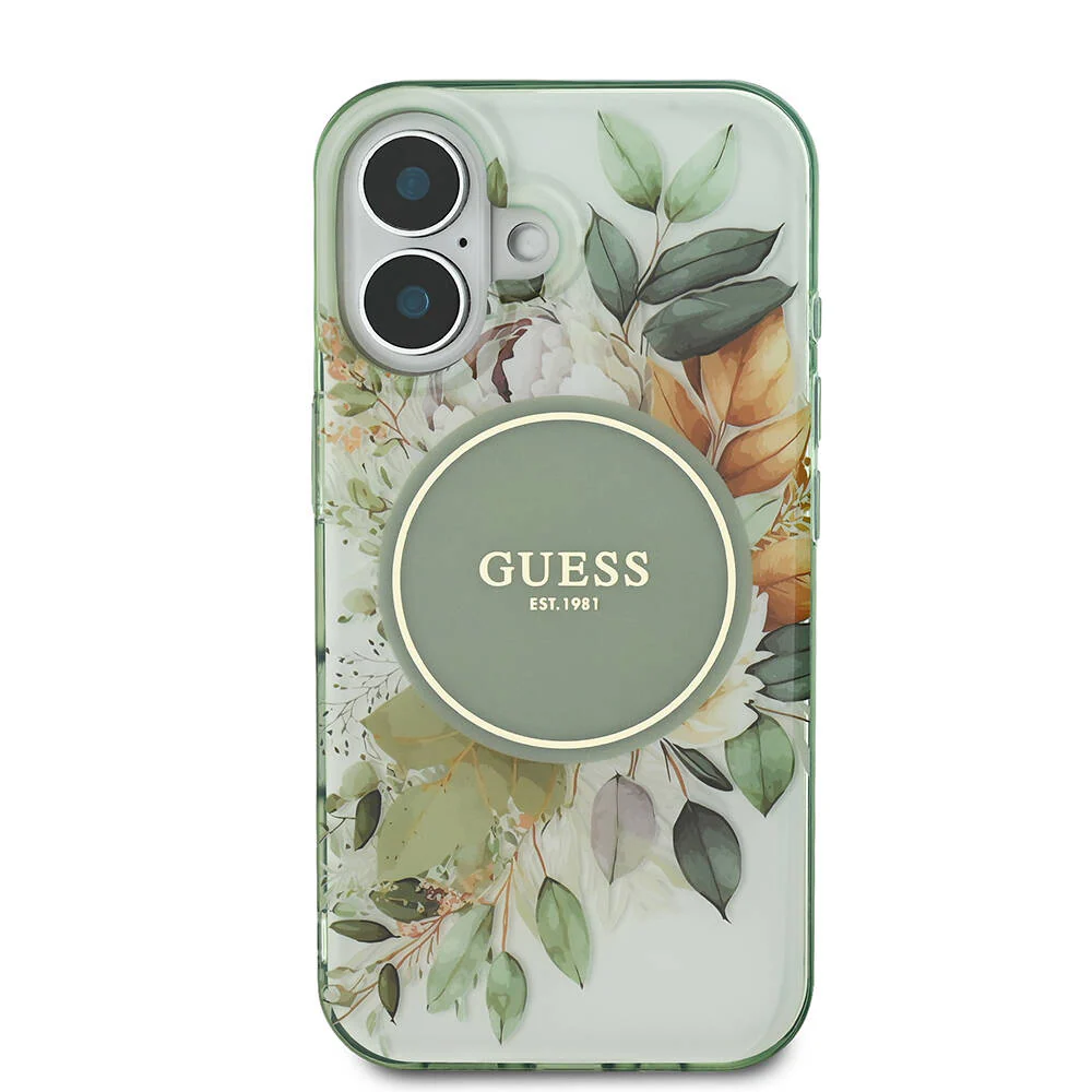 MagSafe Case for Apple iPhone 16, Guess, IML Flower & Tonal Circle, Green - Image 3