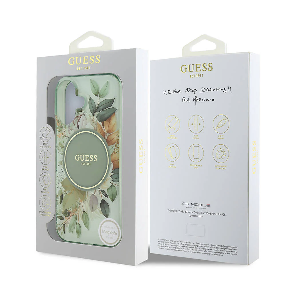 MagSafe Case for Apple iPhone 16, Guess, IML Flower & Tonal Circle, Green - Image 7