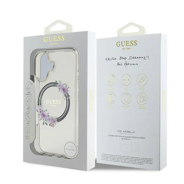MagSafe Case for Apple iPhone 16, Guess, IML Flowers Wreath, Black - Image 7