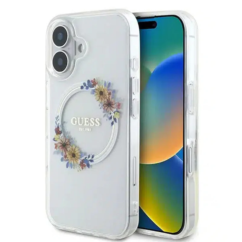 MagSafe Case for Apple iPhone 16, Guess, IML Flowers Wreath, Transparent