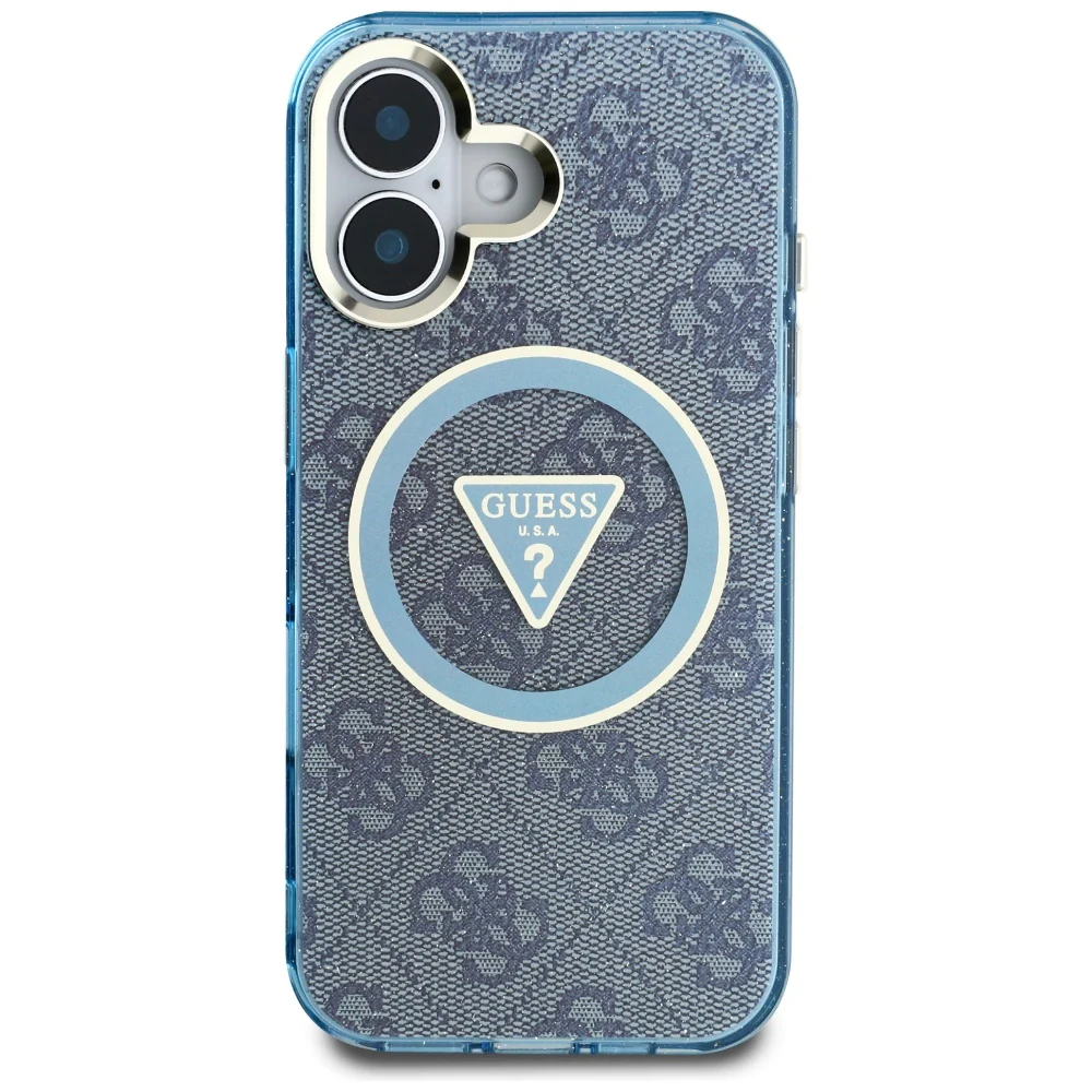 MagSafe Case for Apple iPhone 16, Guess, IML Glitter 4G Circle Triangle, Blue - Image 3