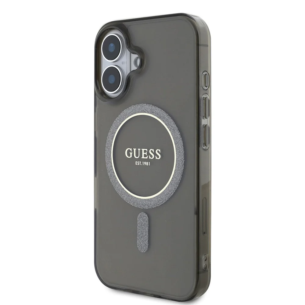 MagSafe Case for Apple iPhone 16, Guess, IML Glitter Circle, Black - Image 3