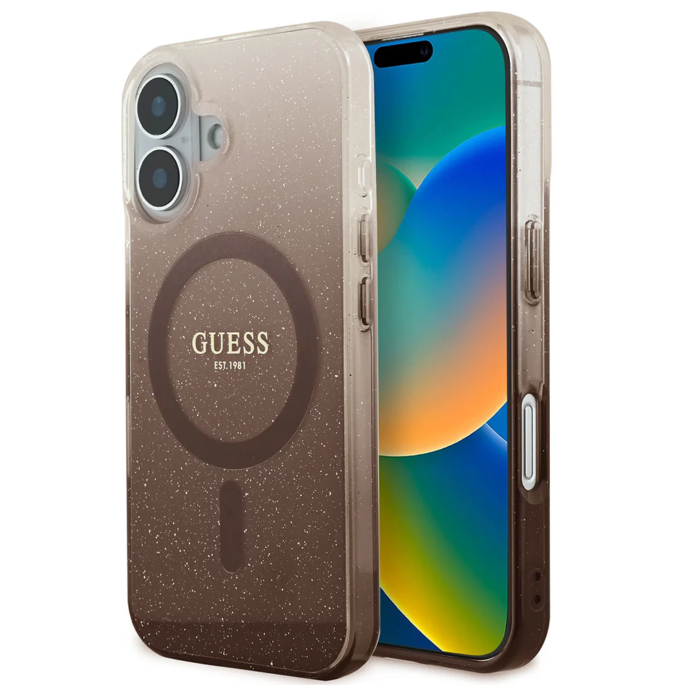 MagSafe Case for Apple iPhone 16, Guess, IML Glitter Gradient, Brown