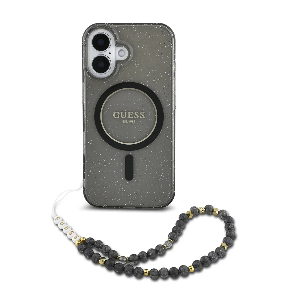 MagSafe Case for Apple iPhone 16, Guess, IML Glitter with Pearl Strap, Black