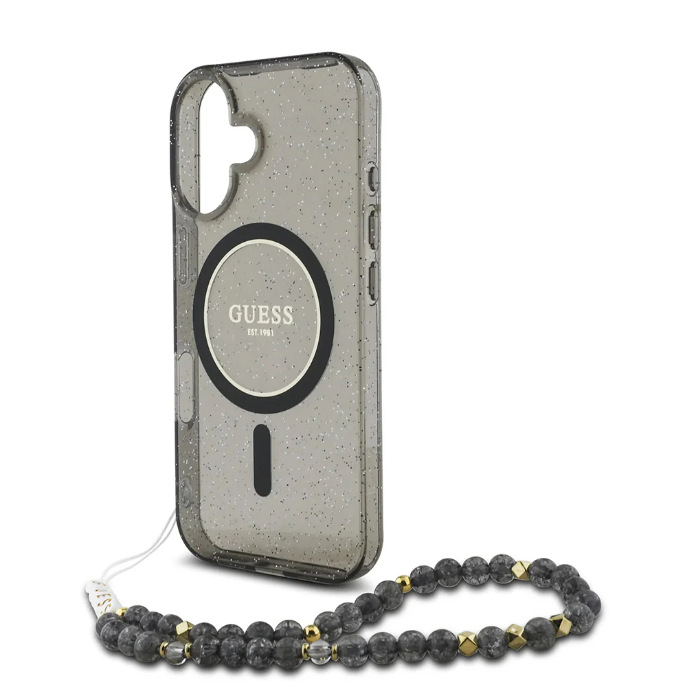 MagSafe Case for Apple iPhone 16, Guess, IML Glitter with Pearl Strap, Black - Image 2