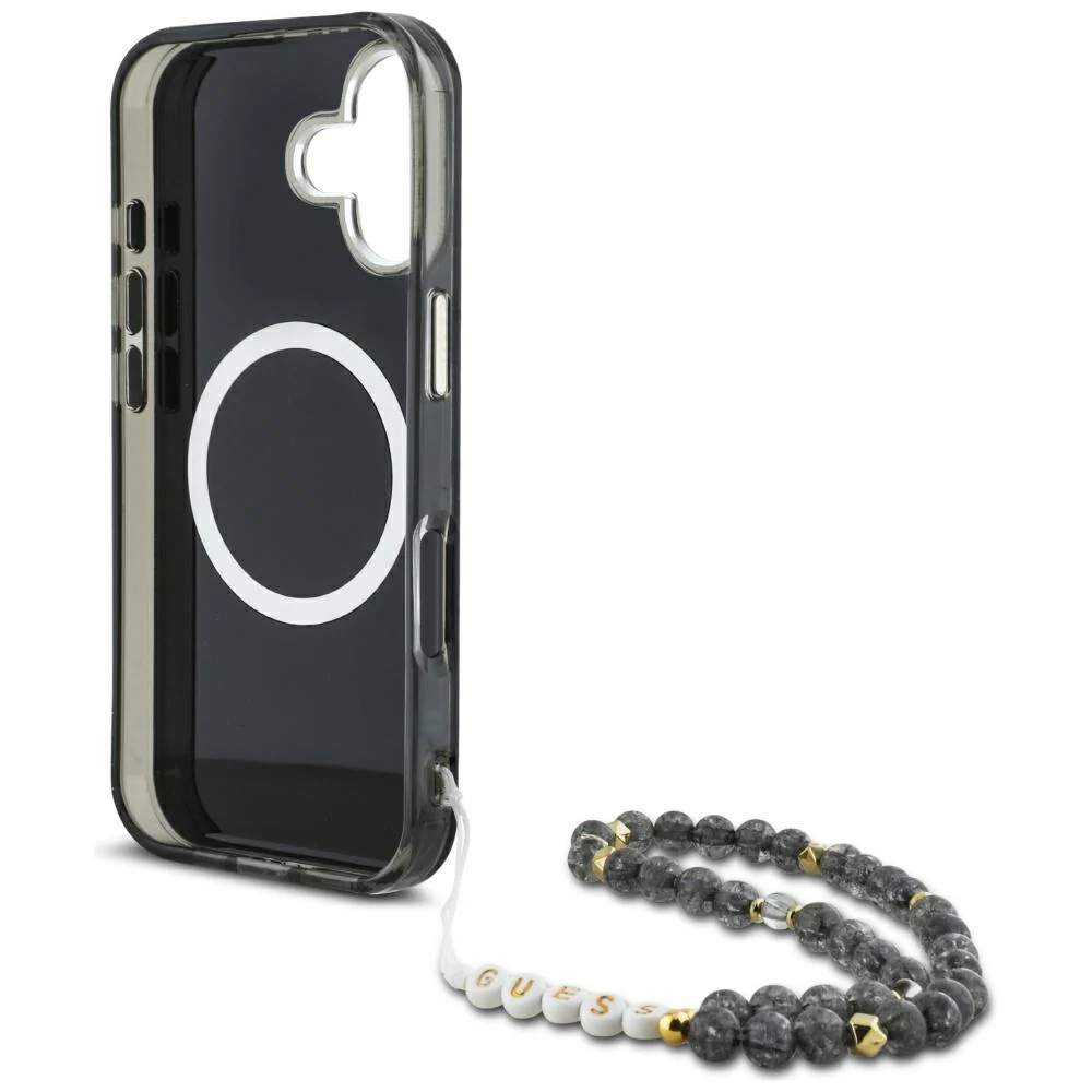 MagSafe Case for Apple iPhone 16, Guess, IML Palm Trees Triangle with Pearl Strap, Black - Image 4