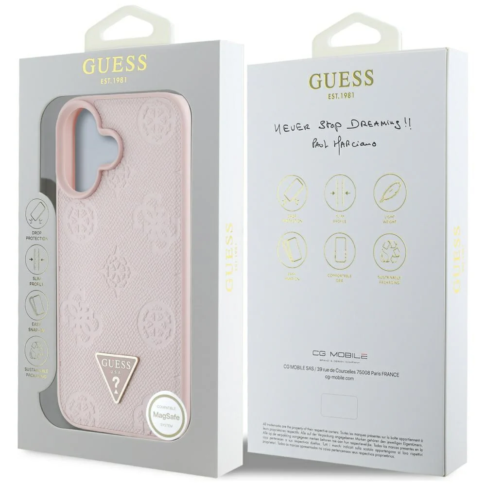 MagSafe Case for Apple iPhone 16, Guess, Peony Grained Hot Stamp Triangle, Pink - Image 7