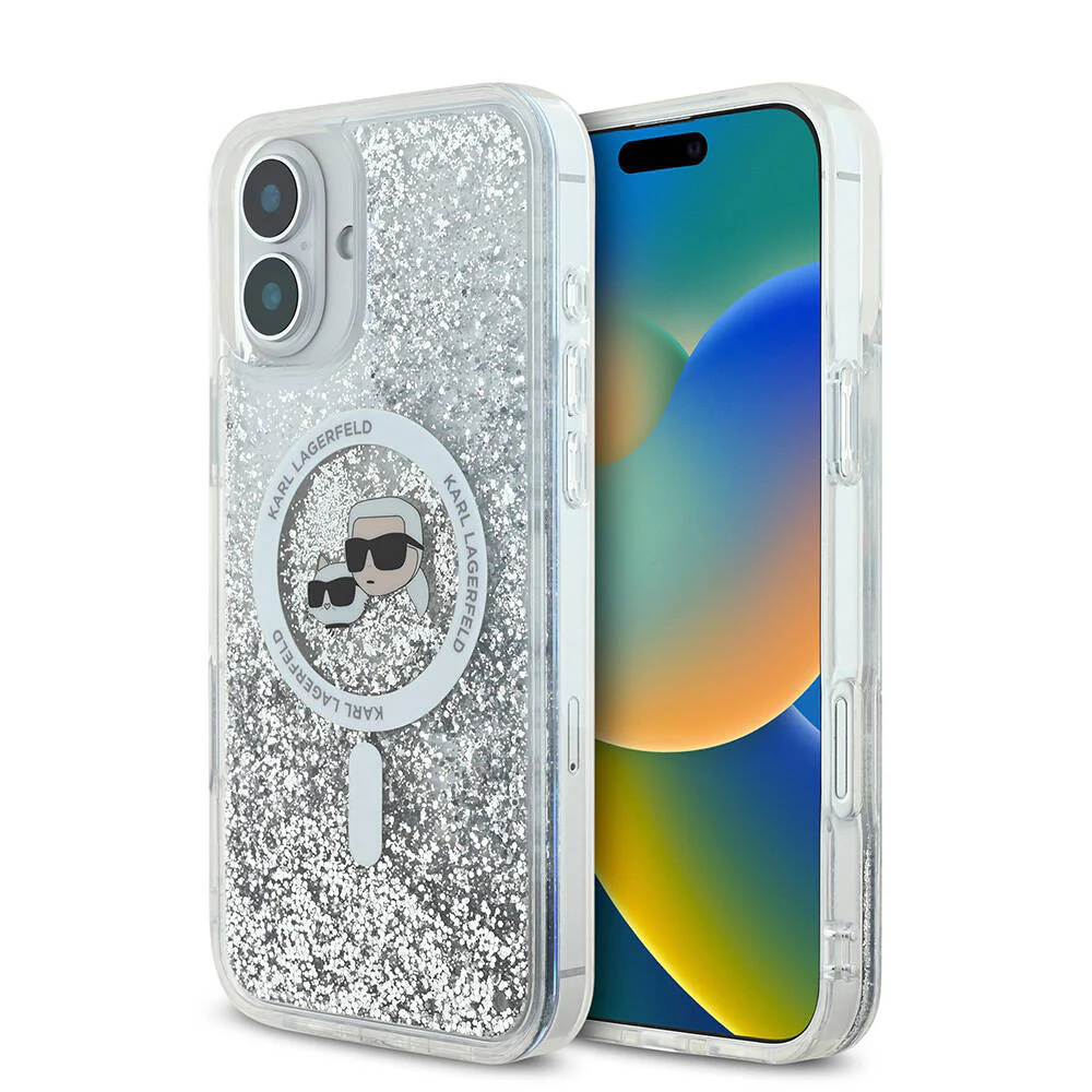 MagSafe Case for Apple iPhone 16, Karl Lagerfeld, Glitter Liquid Karl & Choupette's Heads, Transparent