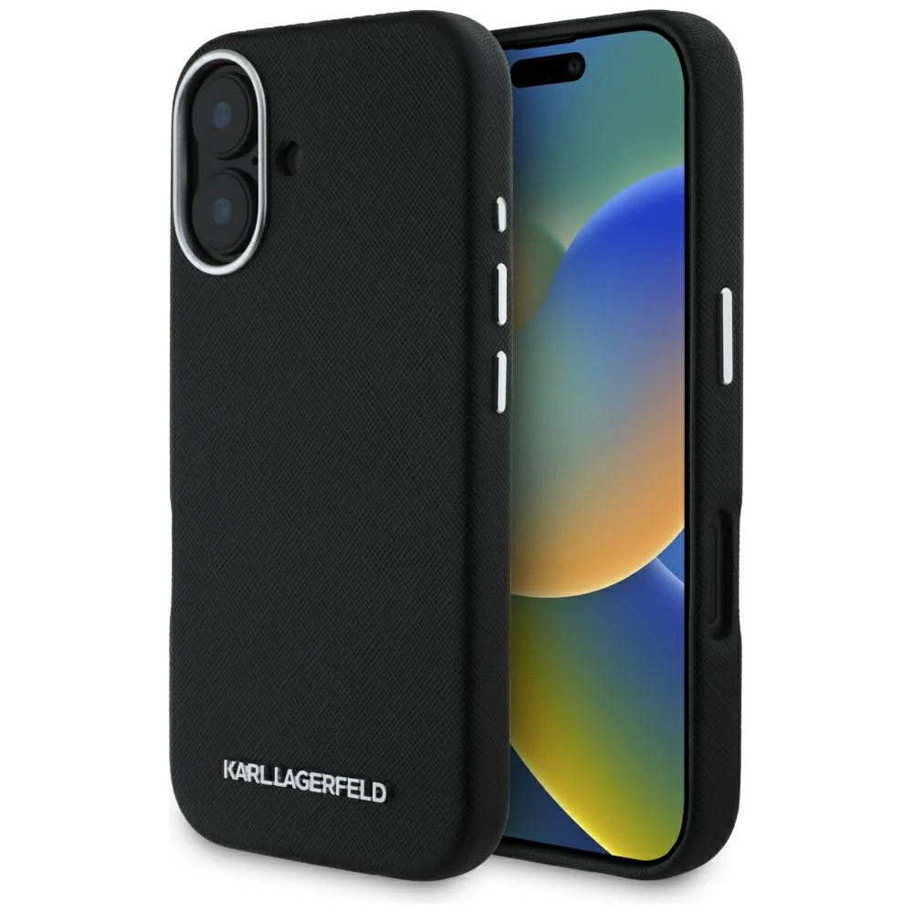 MagSafe Case for Apple iPhone 16, Karl Lagerfeld, Saffiano Full Wrapped Elongated Metal Logo, Black
