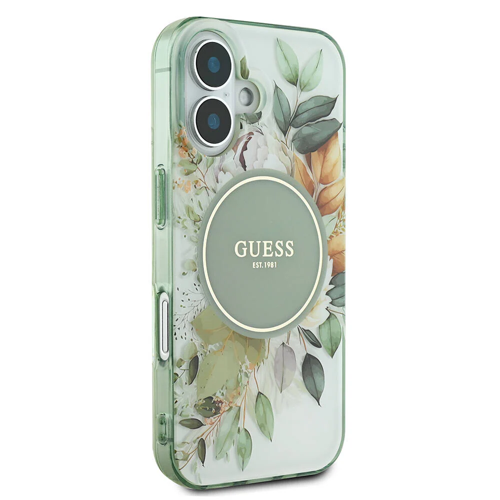 MagSafe Case for Apple iPhone 16 Plus, Guess, IML Flower & Tonal Circle, Green - Image 4