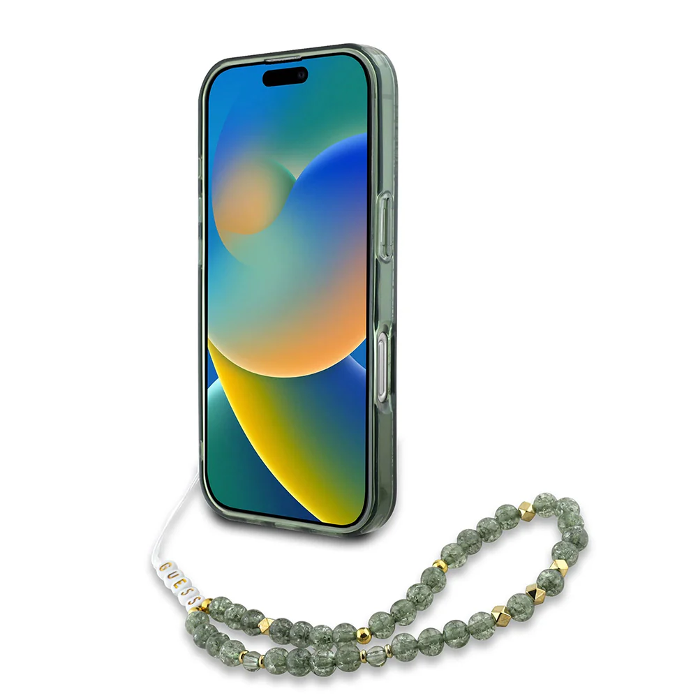 MagSafe Case for Apple iPhone 16 Plus, Guess, IML Flowers Allover Electroplated with Pearl Strap, Green - Image 2