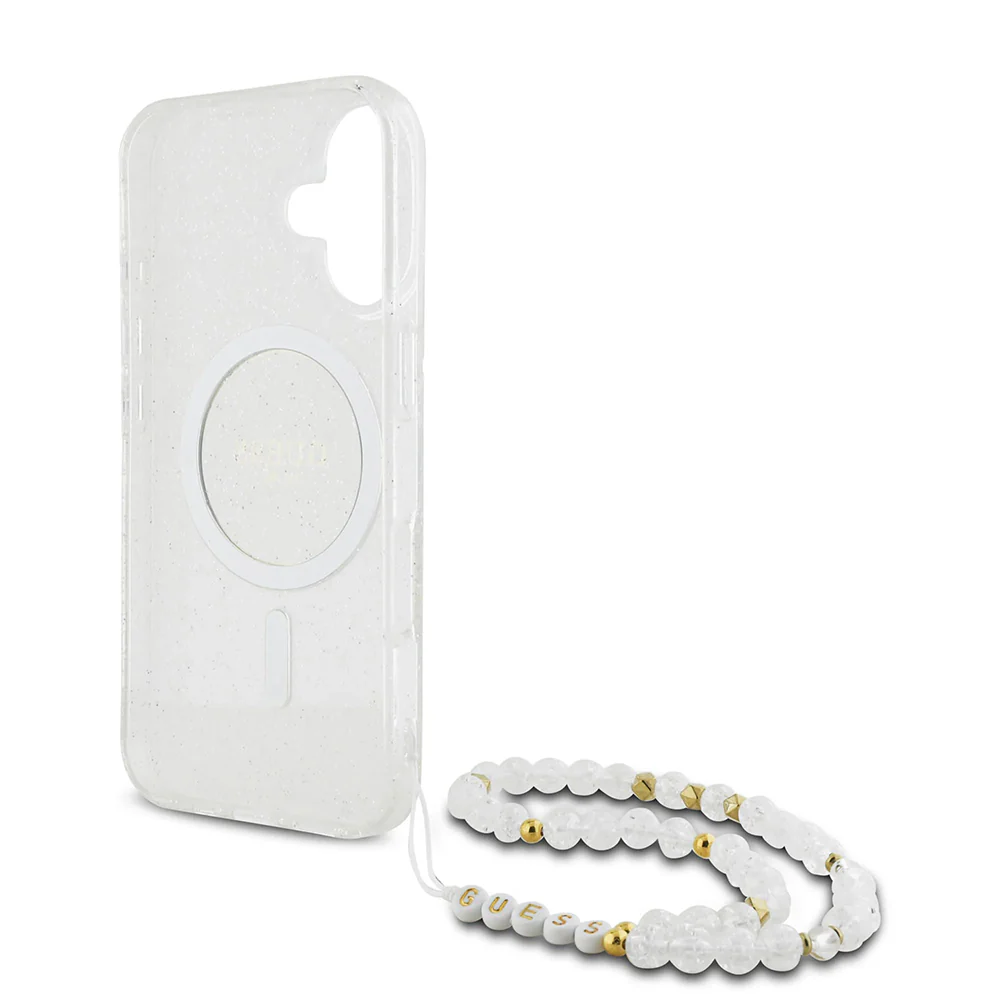 MagSafe Case for Apple iPhone 16 Plus, Guess, IML Glitter with Pearl Strap, Transparent - Image 3