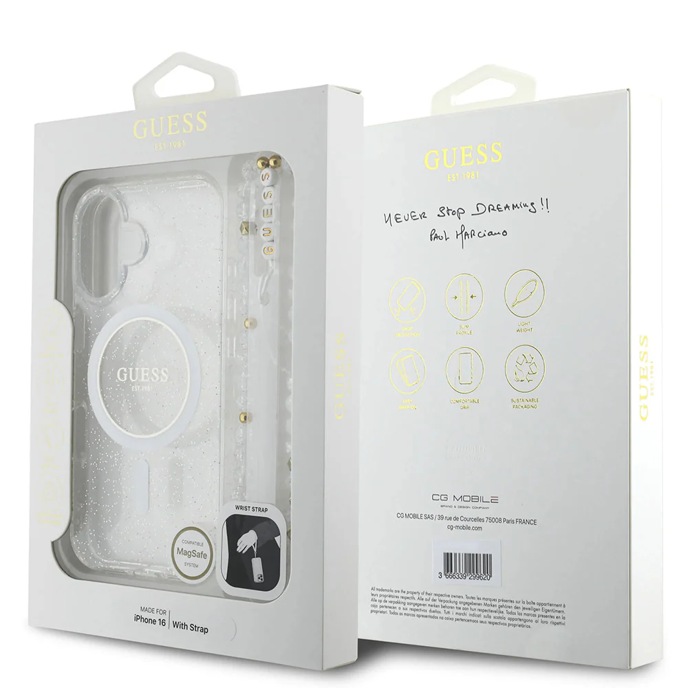 MagSafe Case for Apple iPhone 16 Plus, Guess, IML Glitter with Pearl Strap, Transparent - Image 4