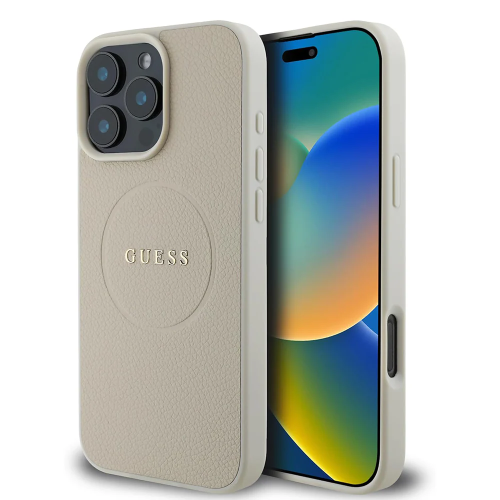 MagSafe Case for Apple iPhone 16 Pro, Guess, Grained Gold Ring, Beige