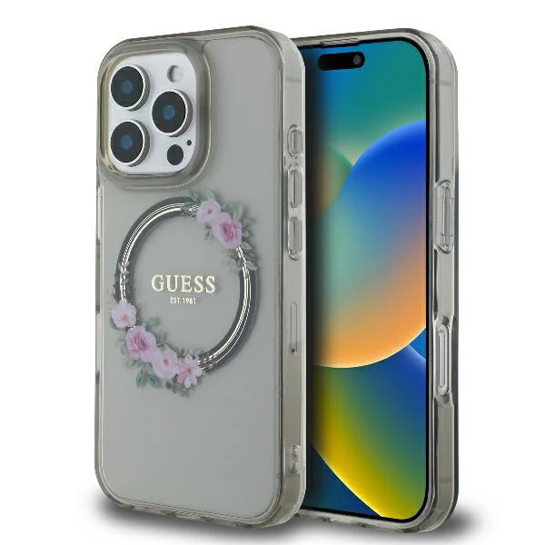 MagSafe Case for Apple iPhone 16 Pro, Guess, IML Flowers Wreath, Black