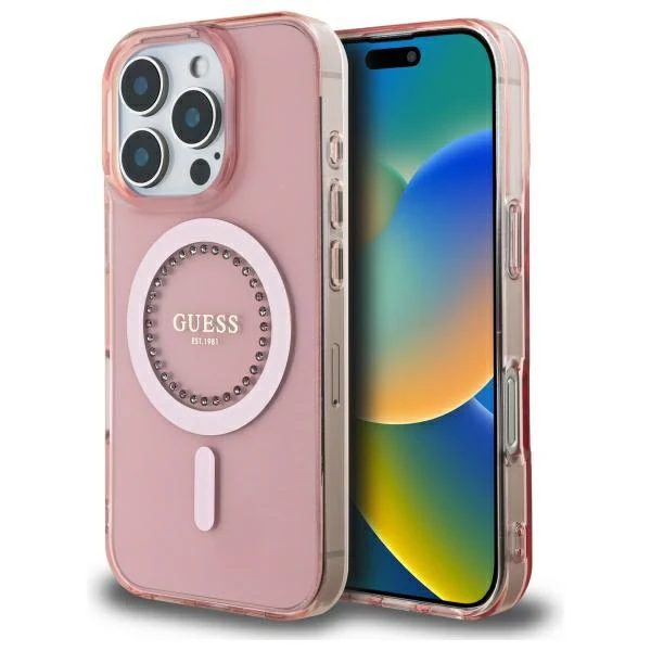 MagSafe Case for Apple iPhone 16 Pro, Guess, IML Rhinestone, Pink