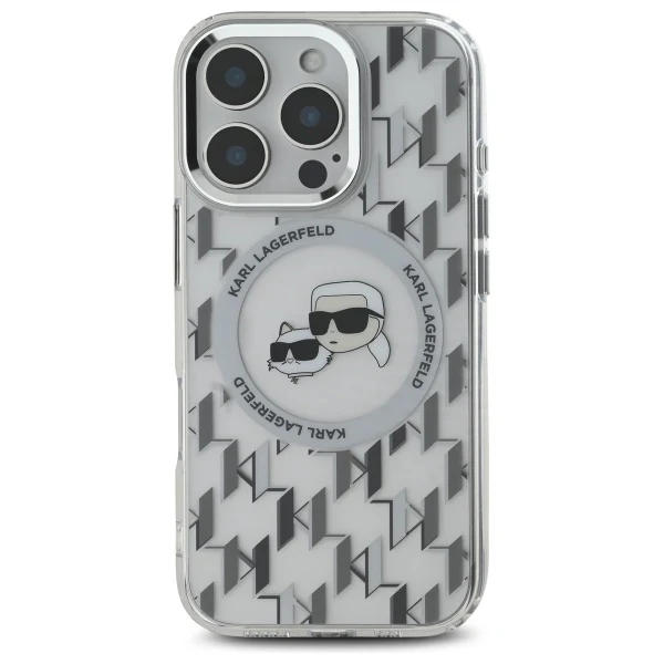 MagSafe Case for Apple iPhone 16 Pro, Karl Lagerfeld, IML Monogram Karl & Choupette's Heads, Transparent - Image 2