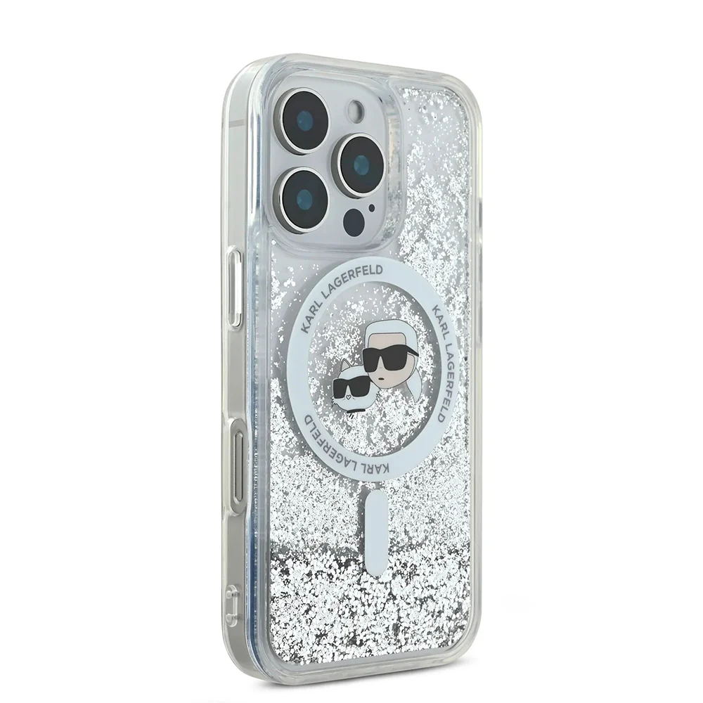 MagSafe Case for Apple iPhone 16 Pro, Karl Lagerfeld, Liquid Glitter Karl & Choupette's Heads, Transparent - Image 2