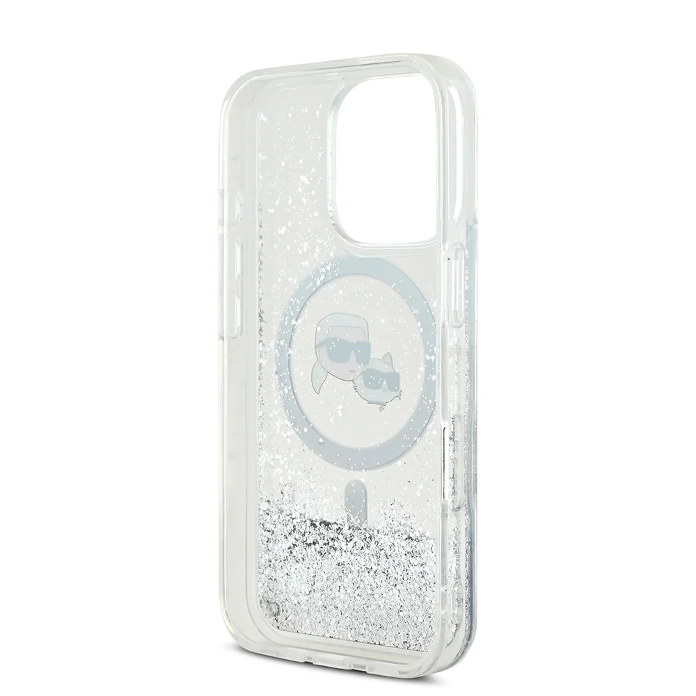 MagSafe Case for Apple iPhone 16 Pro, Karl Lagerfeld, Liquid Glitter Karl & Choupette's Heads, Transparent - Image 3