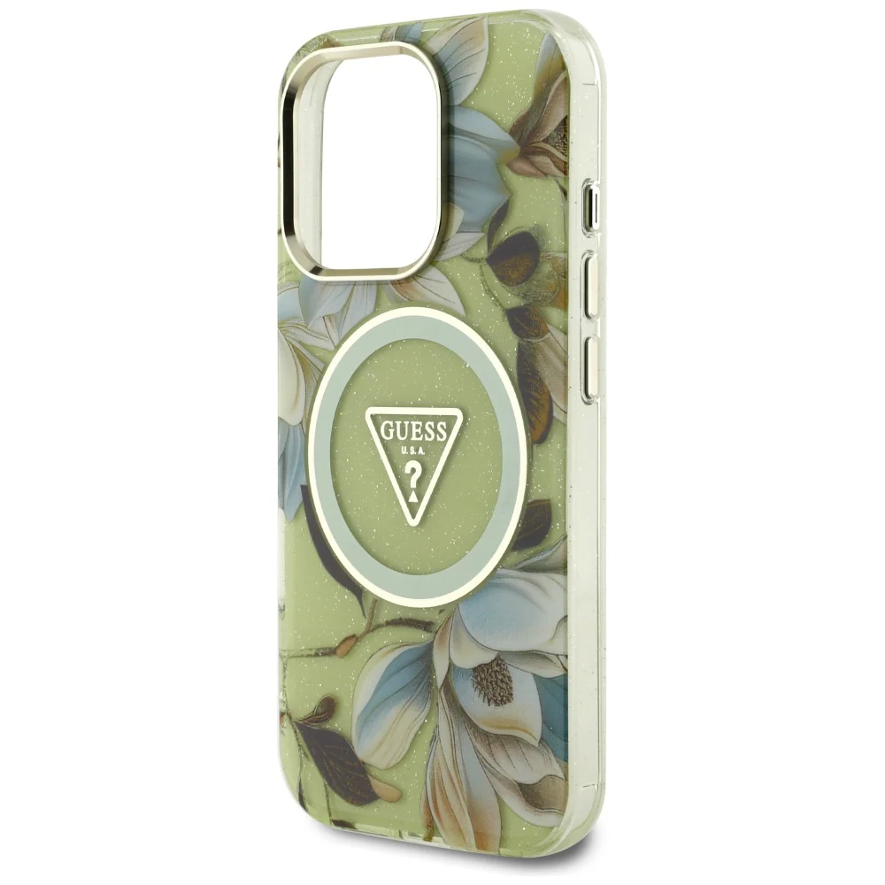 MagSafe Case for Apple iPhone 16 Pro Max, Guess, IML Metal Glitter Flowers Triangle, Green - Image 5