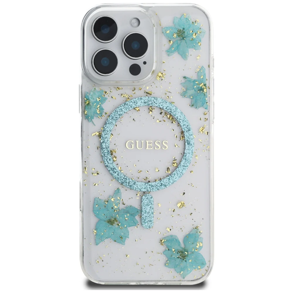 MagSafe Case for Apple iPhone 16 Pro Max, Guess, Resin Flowers and Glitter, Turquoise - Image 2