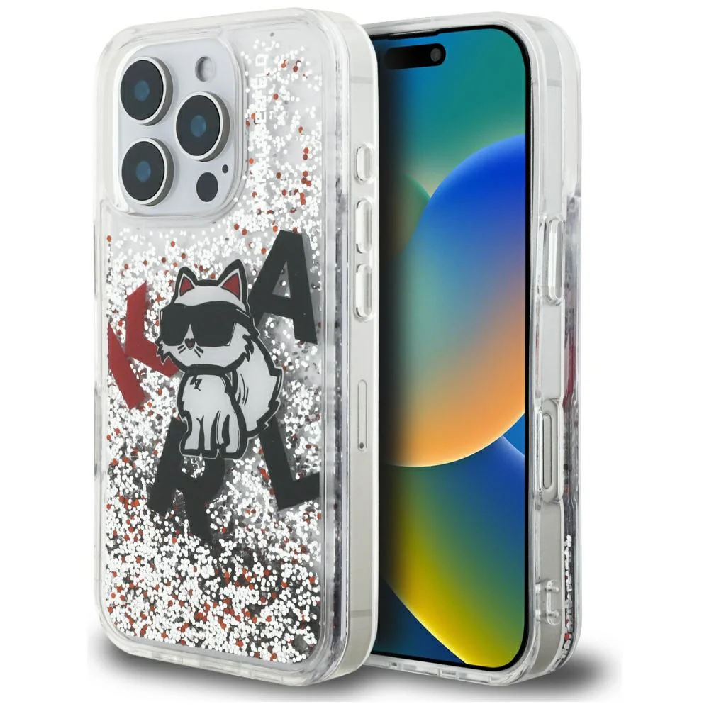 MagSafe Case for Apple iPhone 16 Pro Max, Karl Lagerfeld, Liquid Glitter Choupette Logo, Transparent