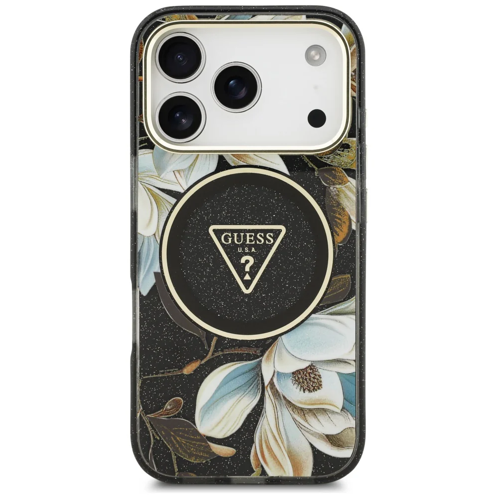 MagSafe Case for Apple iPhone 17 Pro, Guess, IML Metal Glitter Flowers Triangle, Black - Image 2