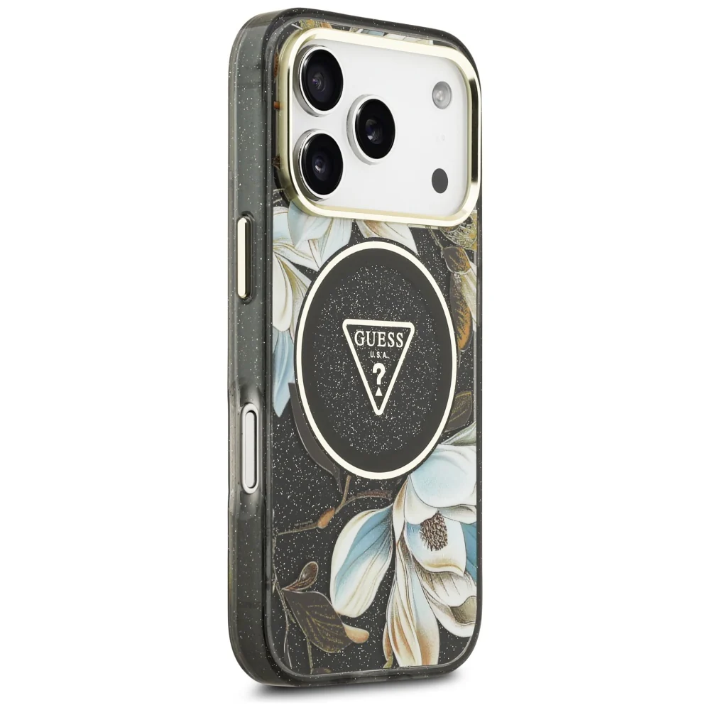 MagSafe Case for Apple iPhone 17 Pro, Guess, IML Metal Glitter Flowers Triangle, Black - Image 3