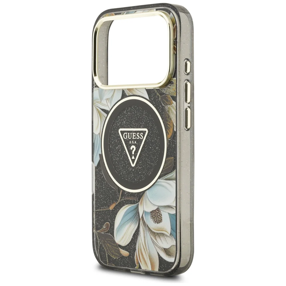 MagSafe Case for Apple iPhone 17 Pro, Guess, IML Metal Glitter Flowers Triangle, Black - Image 4