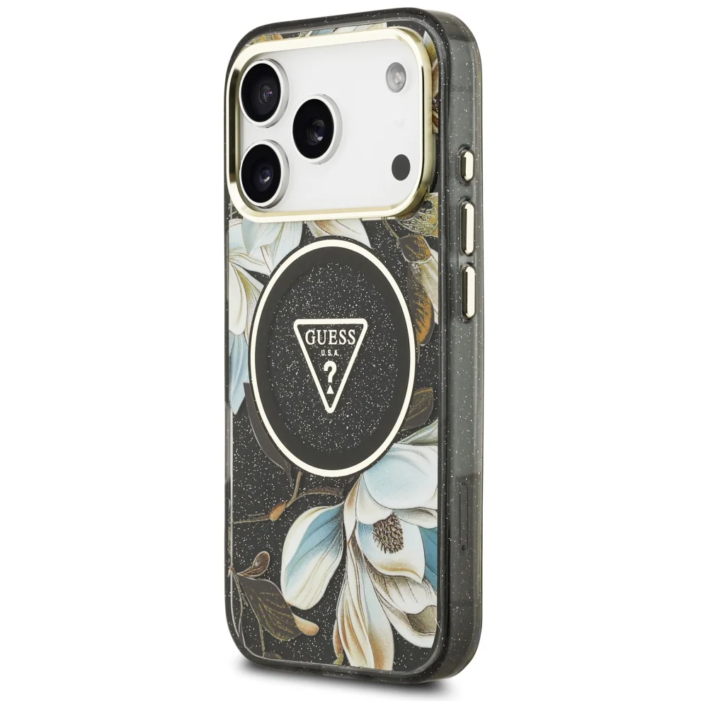 MagSafe Case for Apple iPhone 17 Pro, Guess, IML Metal Glitter Flowers Triangle, Black - Image 6