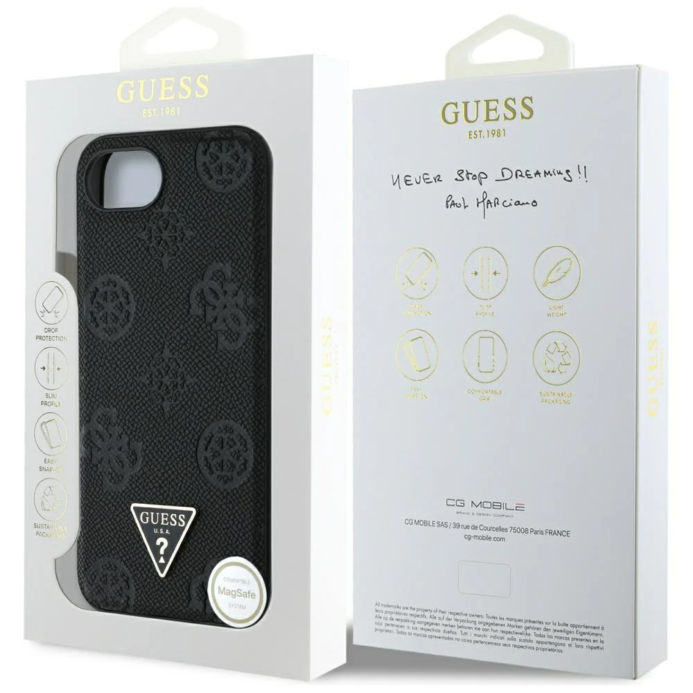 MagSafe Case for Apple iPhone 17e / 16e, Guess, Peony Grained Hot Stamp Triangle, Black - Image 7