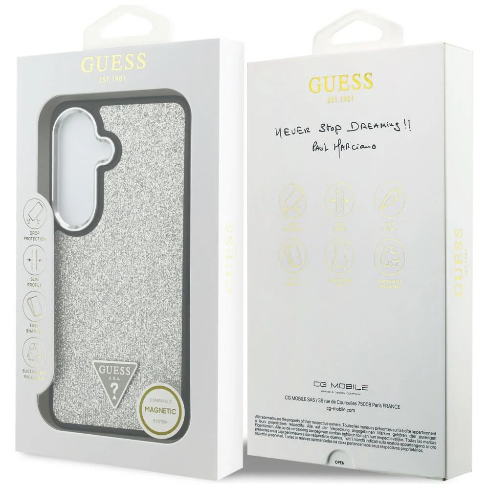 MagSafe Case for Samsung Galaxy S26 S942, Guess, Fixed Glitter Triangle Logo, Silver - Image 7